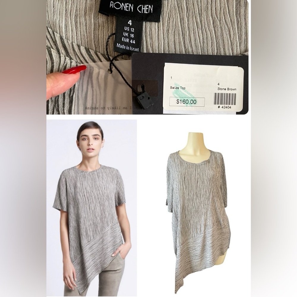 Ronen Chen Belize Top Tunic Blouse striped asymmetrical in Stone Brown, size 12